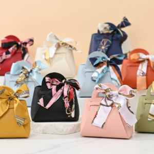 Wholesale luxury mini PU leather candy favor tote bags with silk scarf bows in multiple colors