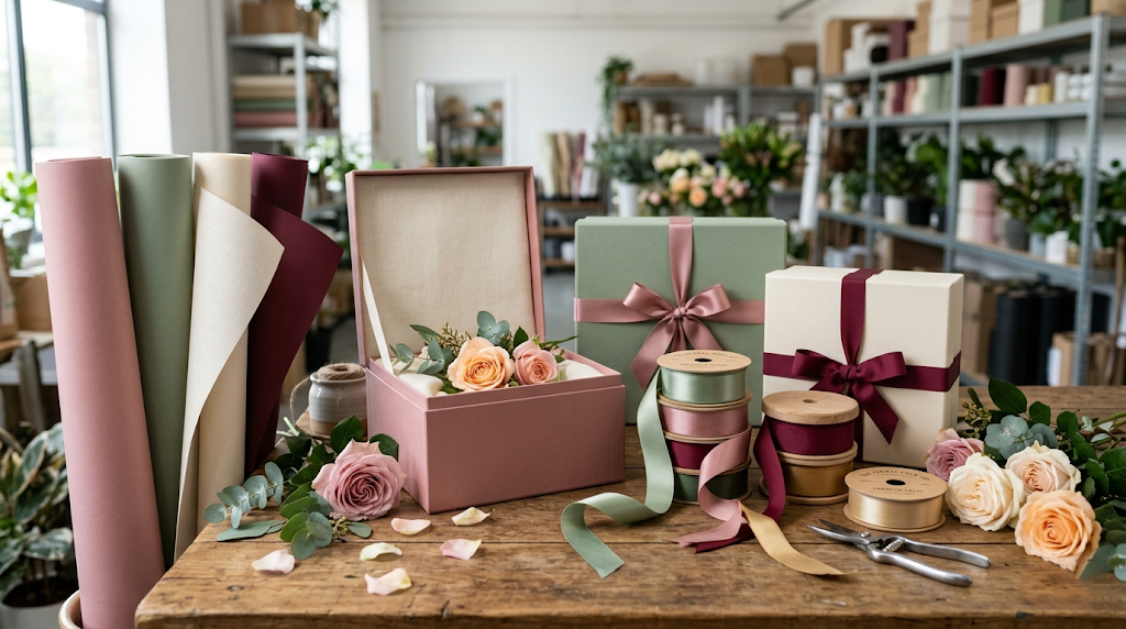 Premium floral packaging supplies including waterproof wrapping paper, ribbons, and gift boxes for wholesale consolidation - Weipan