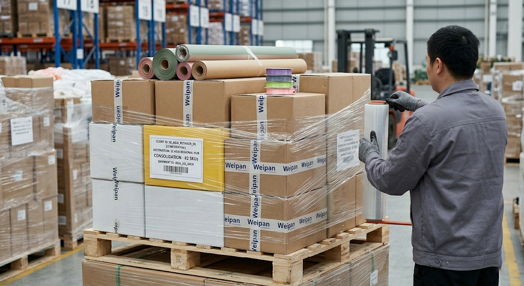 Professional mixed cargo consolidation of floral wrapping paper and ribbons in Weipan's Nanning warehouse, secured on pallets for international LCL shipping.