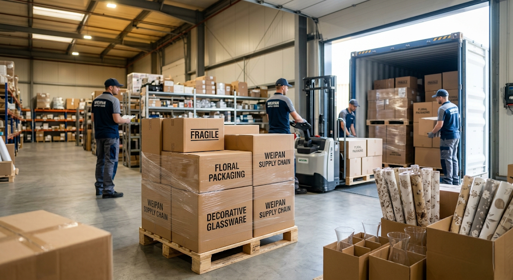 Weipan Supply Chain warehouse loading custom OEM packaging, decorative glassware, and floral supplies into a consolidated international shipping container