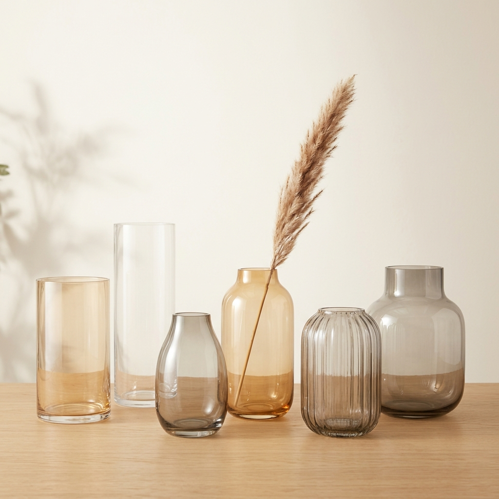 Elegant colored and clear heavy glass flower vases for professional floral arrangements